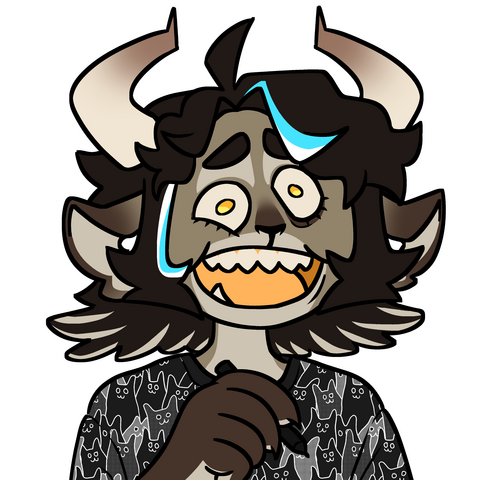 Meet the artist, Ulora This is a picture drawn by Ulora of her online persona, she is a furry gargoyle with light brown fur, a dark brown nose and light brown muzzle, she has dark brown medium length hair with some streaks of blue and white, from the sides of her head there are